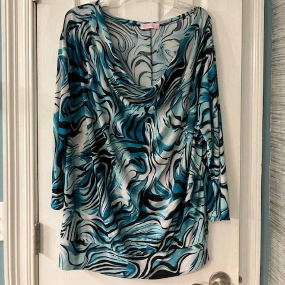 EVERYDAY - Size XL - Drape Neck Tunic Top - Teal Blue - Black - White - EUC!